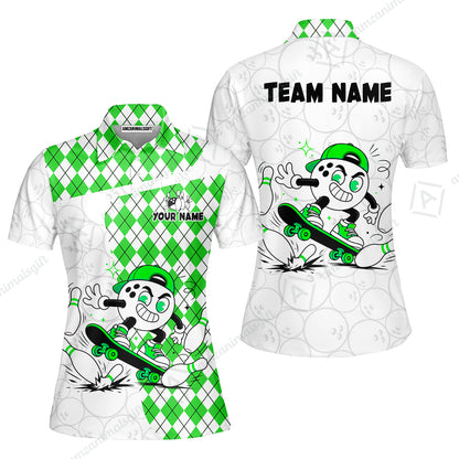 Custom Bowling Jersey Polo Shirt, Skateboarder Bowling Ball Mascot, Custom Bowling Jersey Team Shirt For Players With Name and Team Name