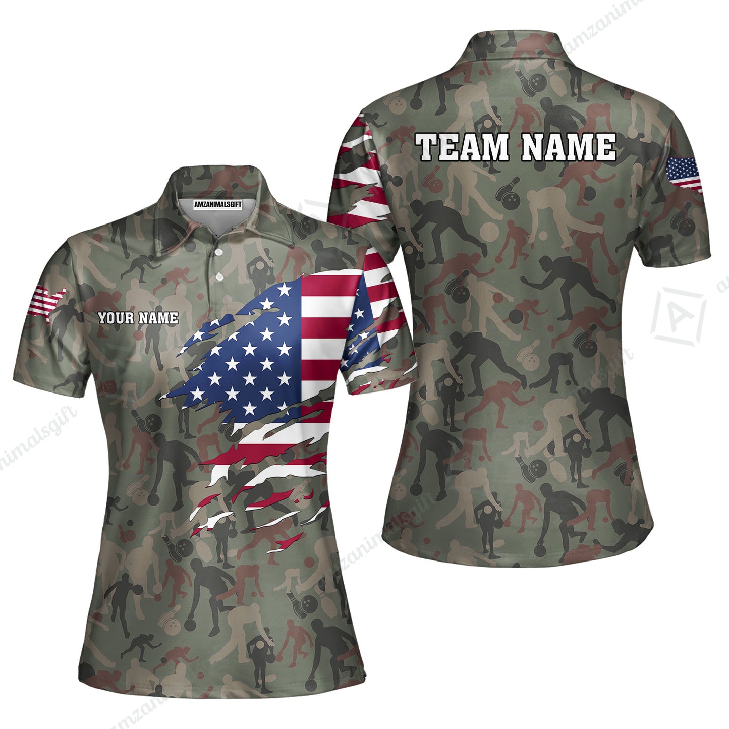 Custom Bowling Jersey Polo Shirt, American Flag Woodland Green Camouflage, Custom Bowling Jersey Team Shirt For Players With Name and Team Name