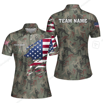 Custom Bowling Jersey Polo Shirt, American Flag Woodland Green Camouflage, Custom Bowling Jersey Team Shirt For Players With Name and Team Name