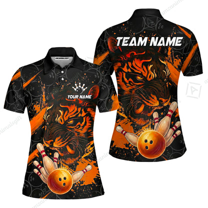 Customized Bowling Unisex Polo Shirt, Tiger Ball Striking Pins, Bowling Uniforms, Personalized Name And Team Name