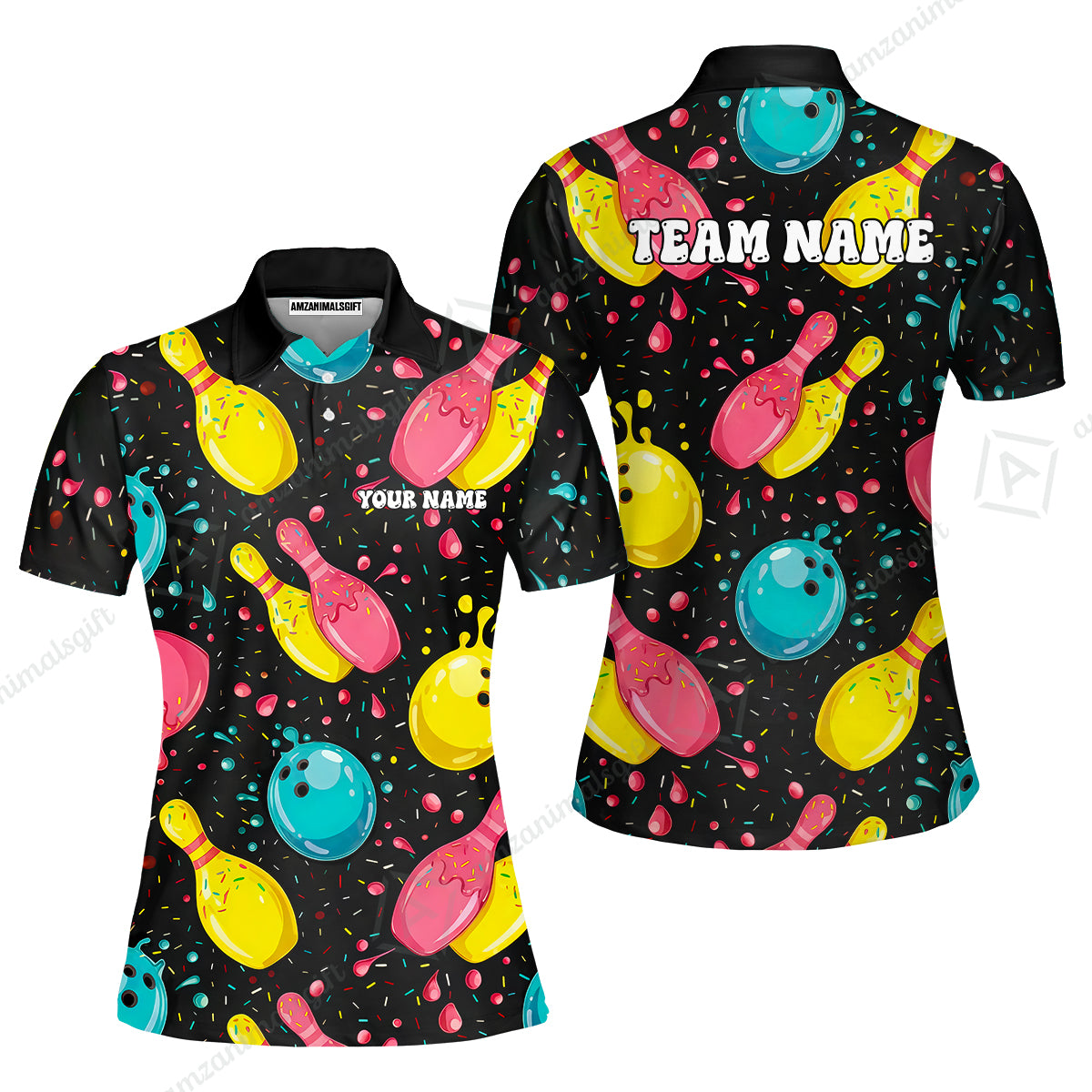 Customized Bowling Unisex Polo Shirt, Funny Colorful Donuts Bowling Pins and Ball, Personalized Name And Team Name