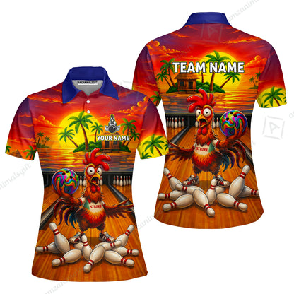 Custom Bowling Jersey Polo Shirt, Funny Tropical Island Rooster Strike, Custom Bowling Jersey Team Shirt For Players With Name and Team Name
