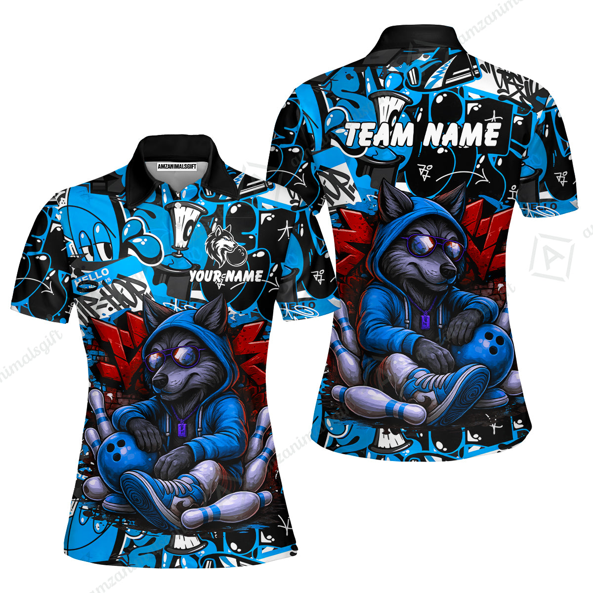 Custom Bowling Jersey Polo Shirt, Badass Wolf Mascot Bowling, Custom Bowling Jersey Team Shirt For Players With Name & Team Name