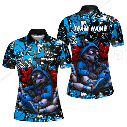 Custom Bowling Jersey Polo Shirt, Badass Wolf Mascot Bowling, Custom Bowling Jersey Team Shirt For Players With Name & Team Name
