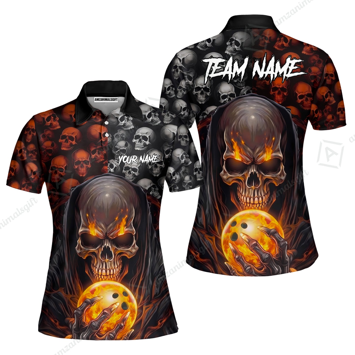 Custom Bowling Jersey Polo Shirt, Death Multiple Skulls, Personalized Name And Team Name