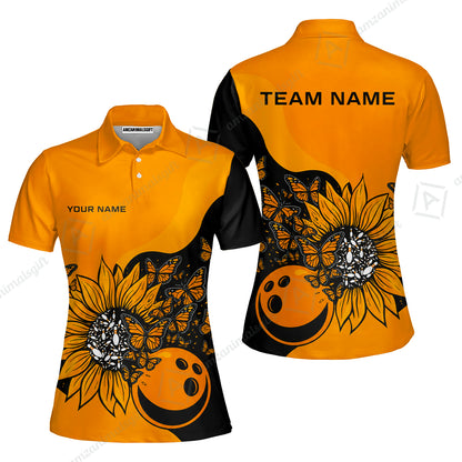 Custom Bowling Jersey Polo Shirt, Radiant Sunflower Butterfly Bloom, Custom Bowling Jersey Team Shirt For Players With Name and Team Name