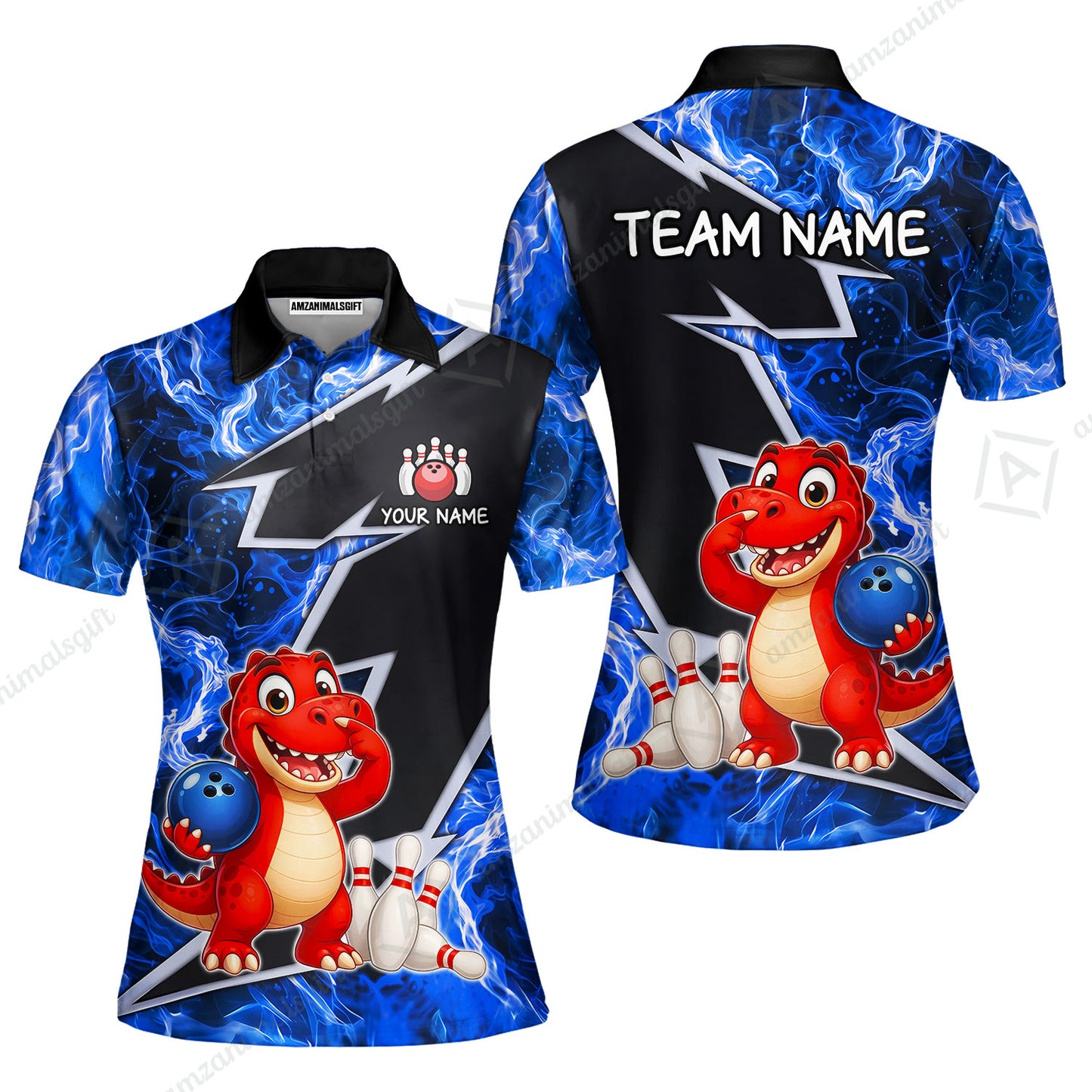 Custom Bowling Jersey Polo Shirt, Fire Lightning Dino Strike, Custom Bowling Jersey Team Shirt For Players With Name and Team Name