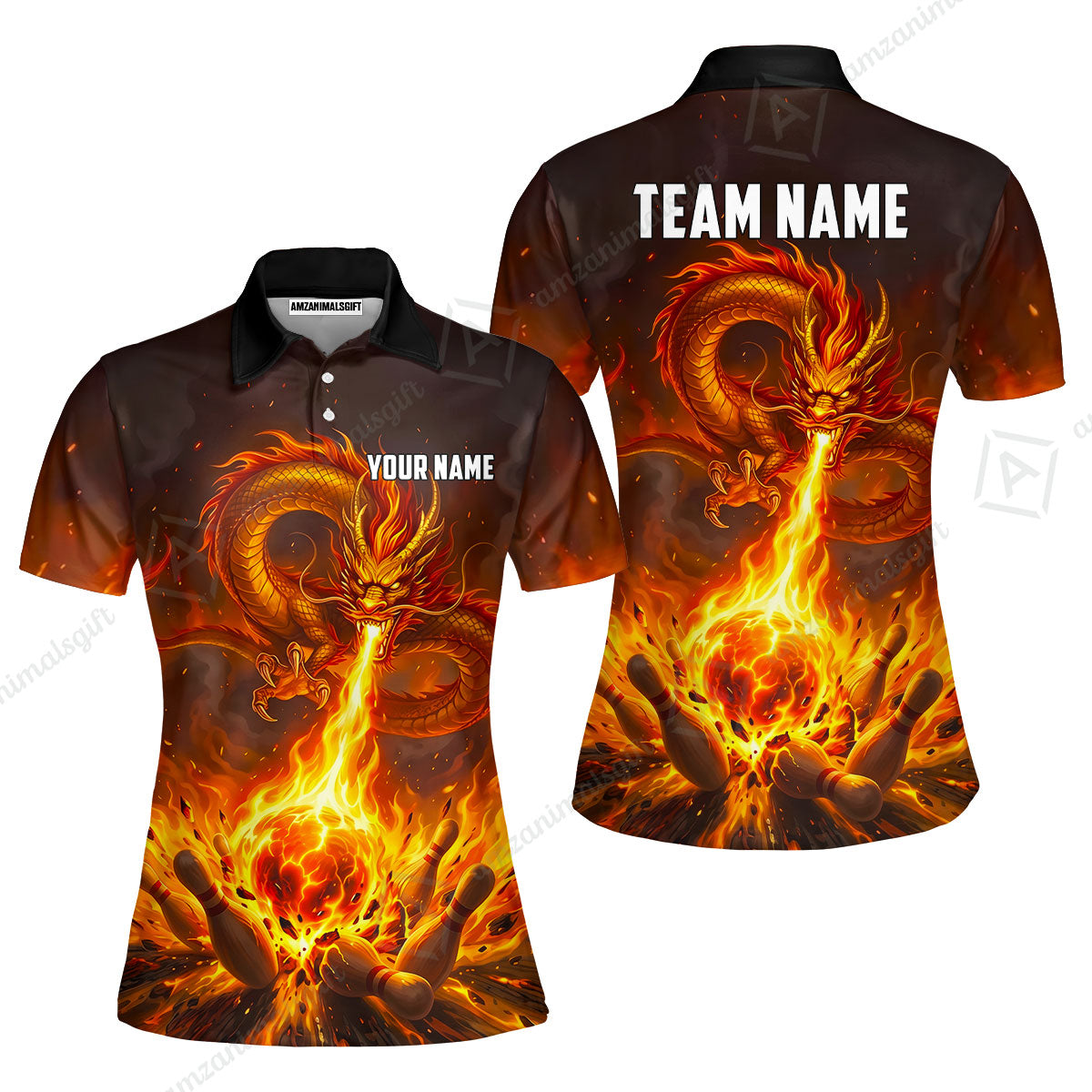 Custom Bowling Jersey Polo Shirt, Asian Dragon's Fire Strike, Custom Bowling Jersey Team Shirt For Players With Name & Team Name