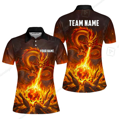 Custom Bowling Jersey Polo Shirt, Asian Dragon's Fire Strike, Custom Bowling Jersey Team Shirt For Players With Name & Team Name