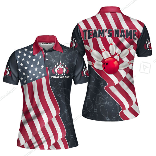 Bowling Customized Name & Team Women Polo Shirt - American Flag Patriotic Personalized Bowling Polo Shirt - Gift For Friend, Family, Bowling Lovers