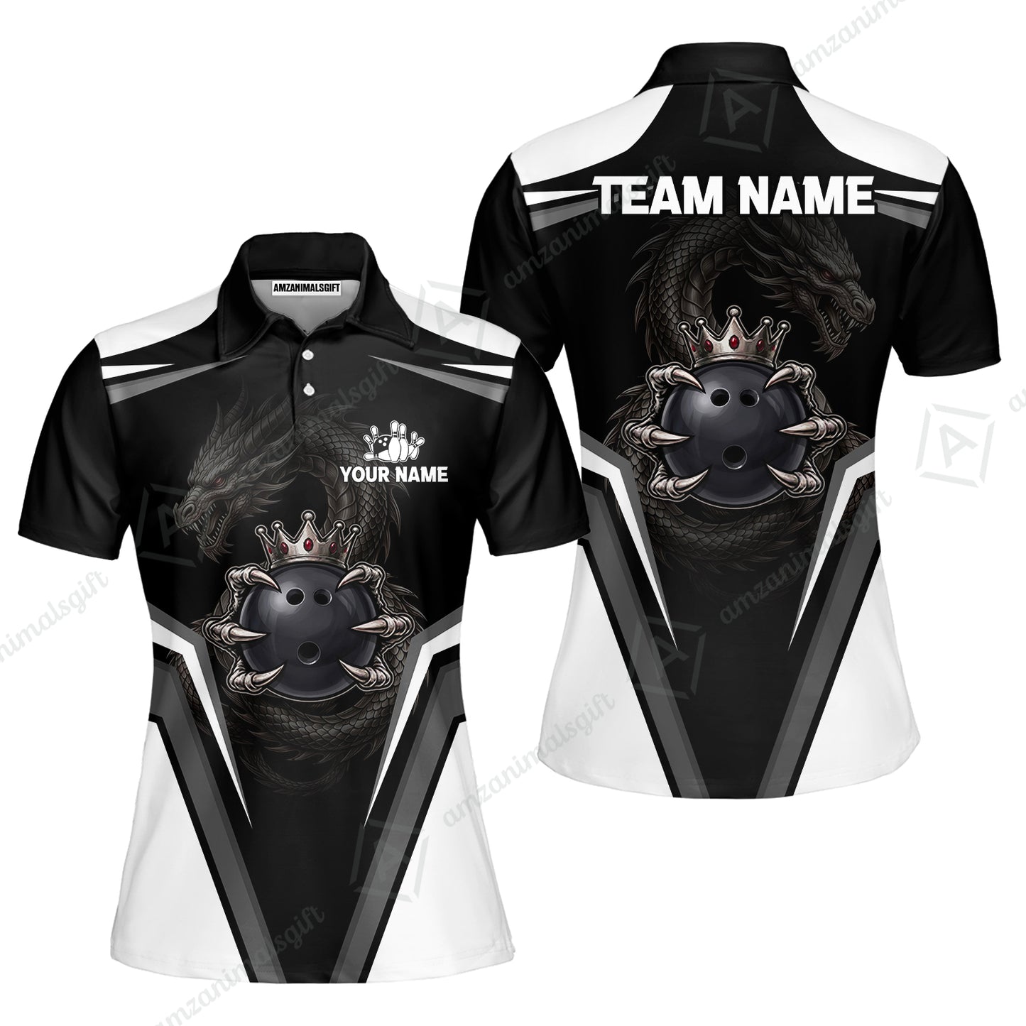 Custom Bowling Jersey Polo Shirt, Gothic Dark Dragon Royal Crown, Custom Bowling Jersey Team Shirt For Players With Name and Team Name