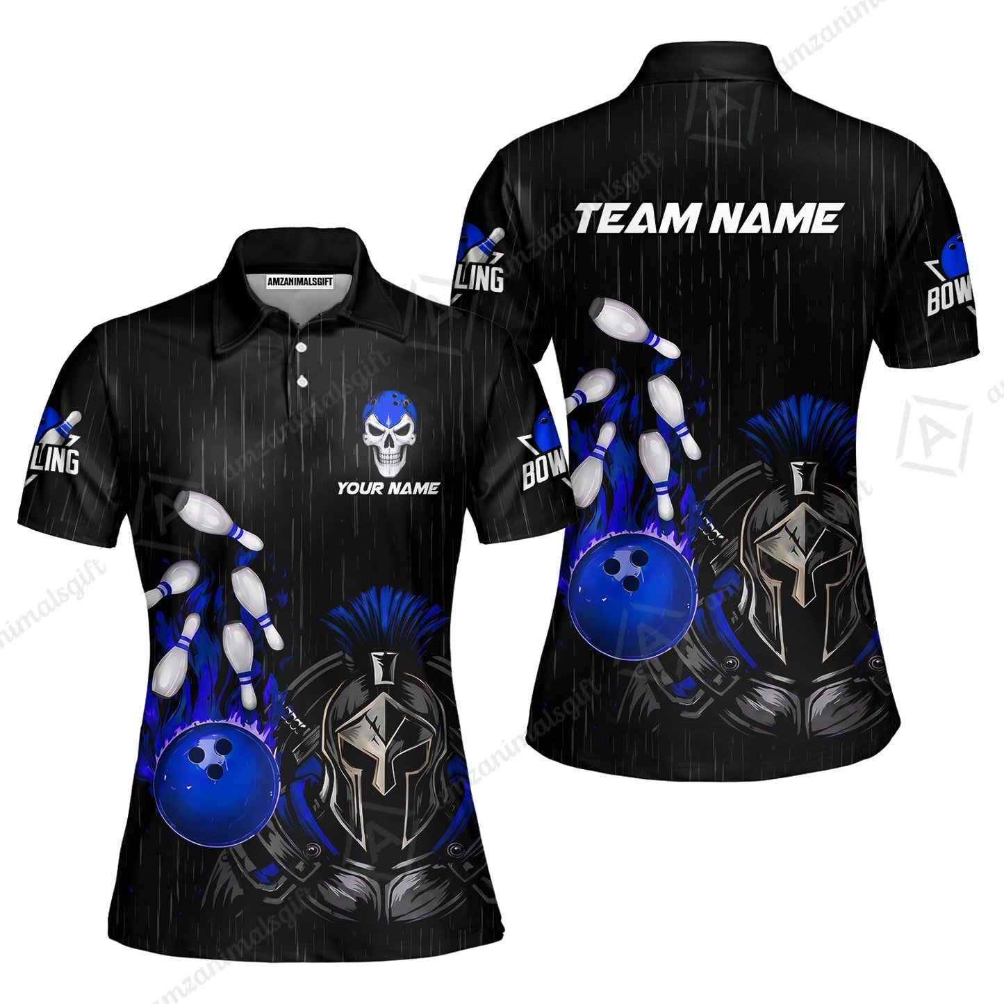 Custom Bowling Jersey Polo Shirt, Fire Bowling Knight Rain Skull Logo, Personalize Name & Team Name