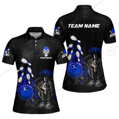 Custom Bowling Jersey Polo Shirt, Fire Bowling Knight Rain Skull Logo, Personalize Name & Team Name