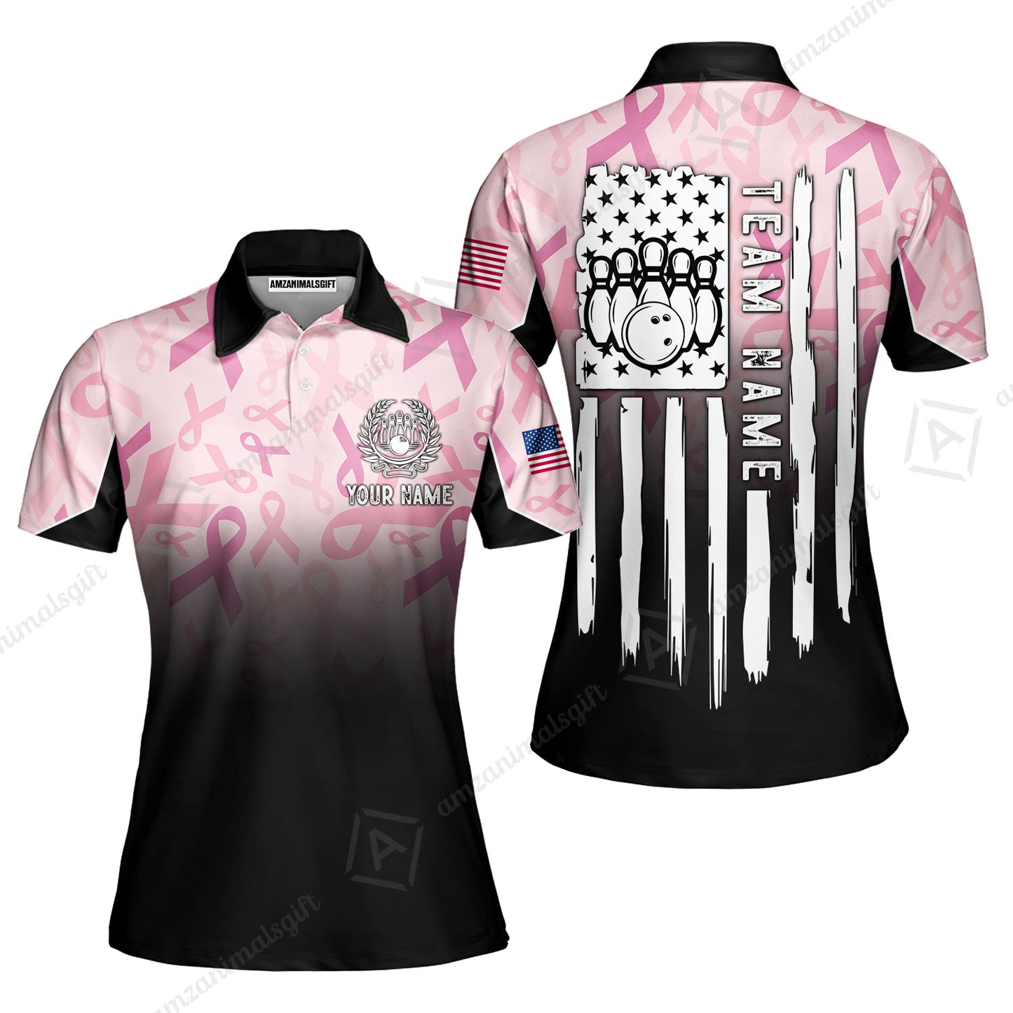 Custom Bowling Jersey Polo Shirt, Ribbon Breast Cancer Awareness Flag, Custom Bowling Jersey Team Shirt For Players With Name and Team Name