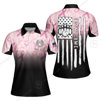 Custom Bowling Jersey Polo Shirt, Ribbon Breast Cancer Awareness Flag, Custom Bowling Jersey Team Shirt For Players With Name and Team Name