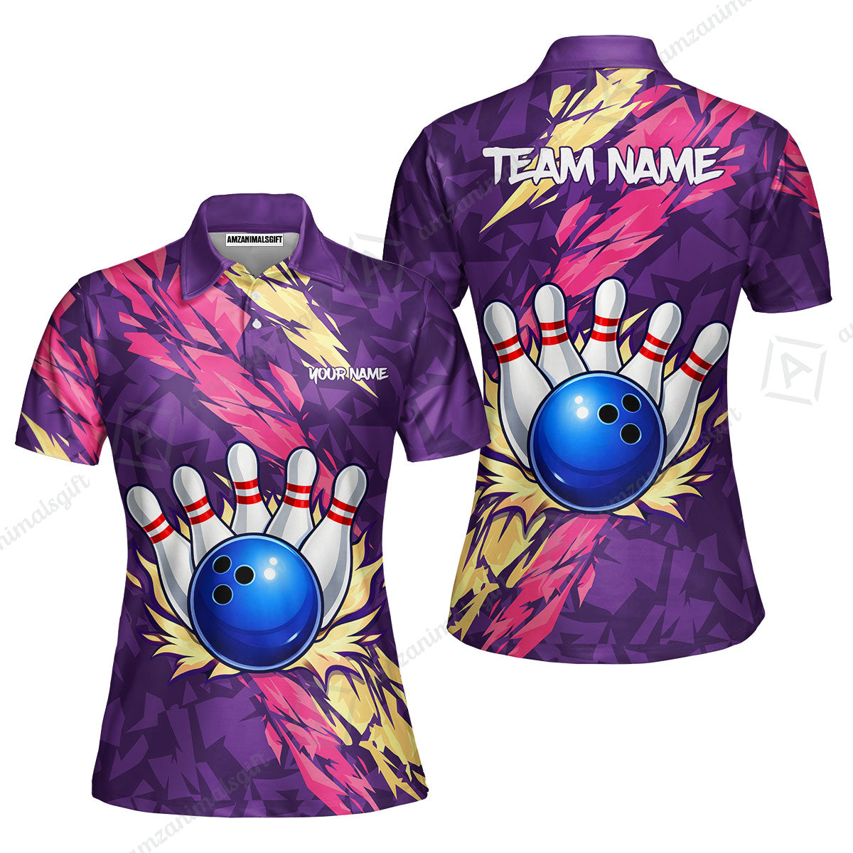 Custom Bowling Team Unisex Polo Shirt, Ion Max Bowling Ball Purple Fire Strike Design for Bowlers