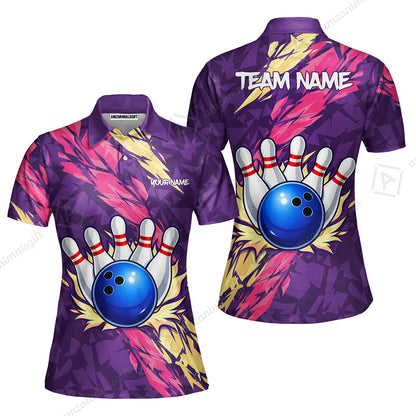 Custom Bowling Team Unisex Polo Shirt, Ion Max Bowling Ball Purple Fire Strike Design for Bowlers