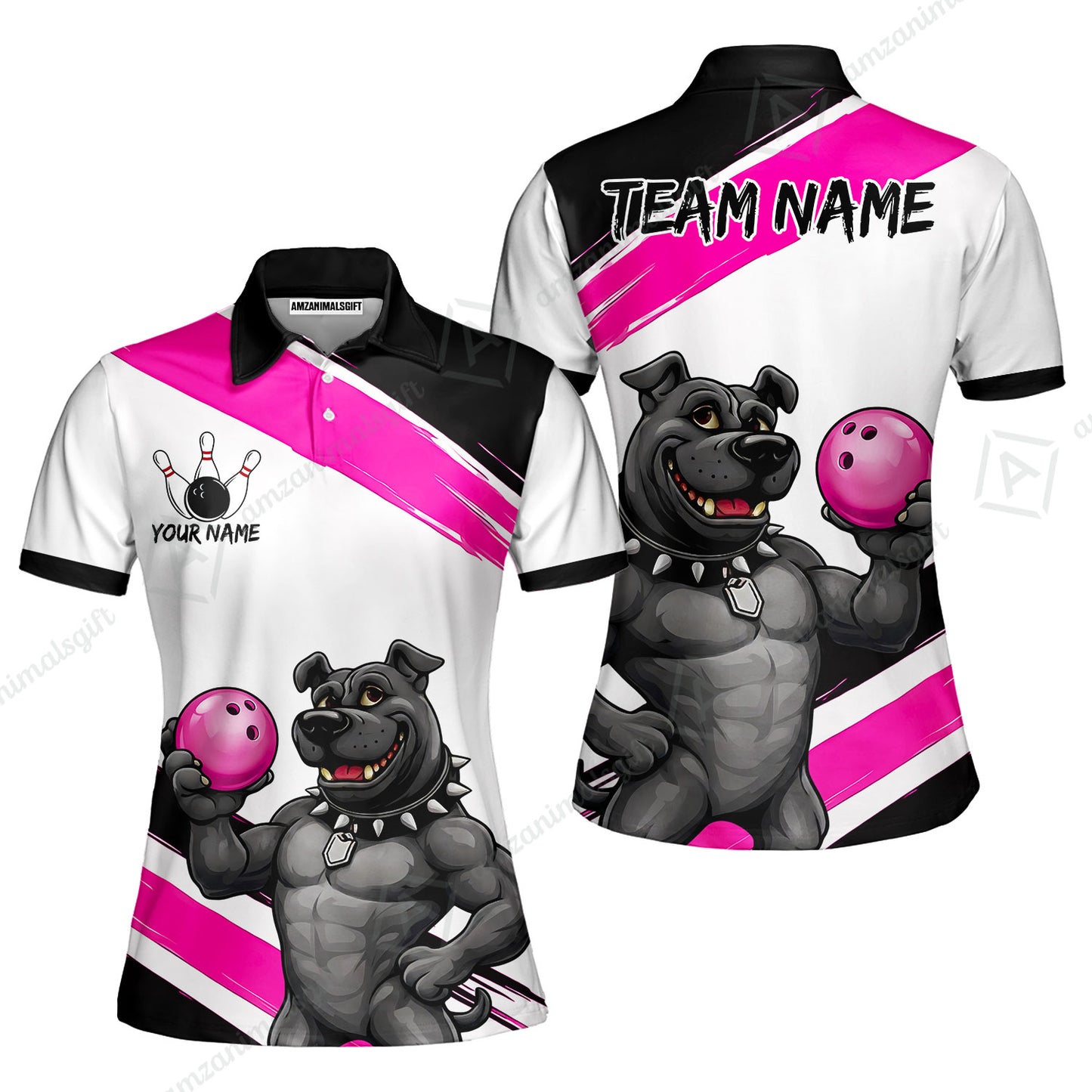 Custom Bowling Jersey Polo Shirt, Pitbull Hold Bowling Ball, Custom Bowling Jersey Team Shirt For Players With Name & Team Name