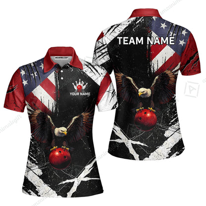 Custom Bowling Jersey Polo Shirt, Patriotic Bald Eagle Distressed American Flag Grunge, Custom Bowling Jersey Team Shirt For Players With Name & Team Name