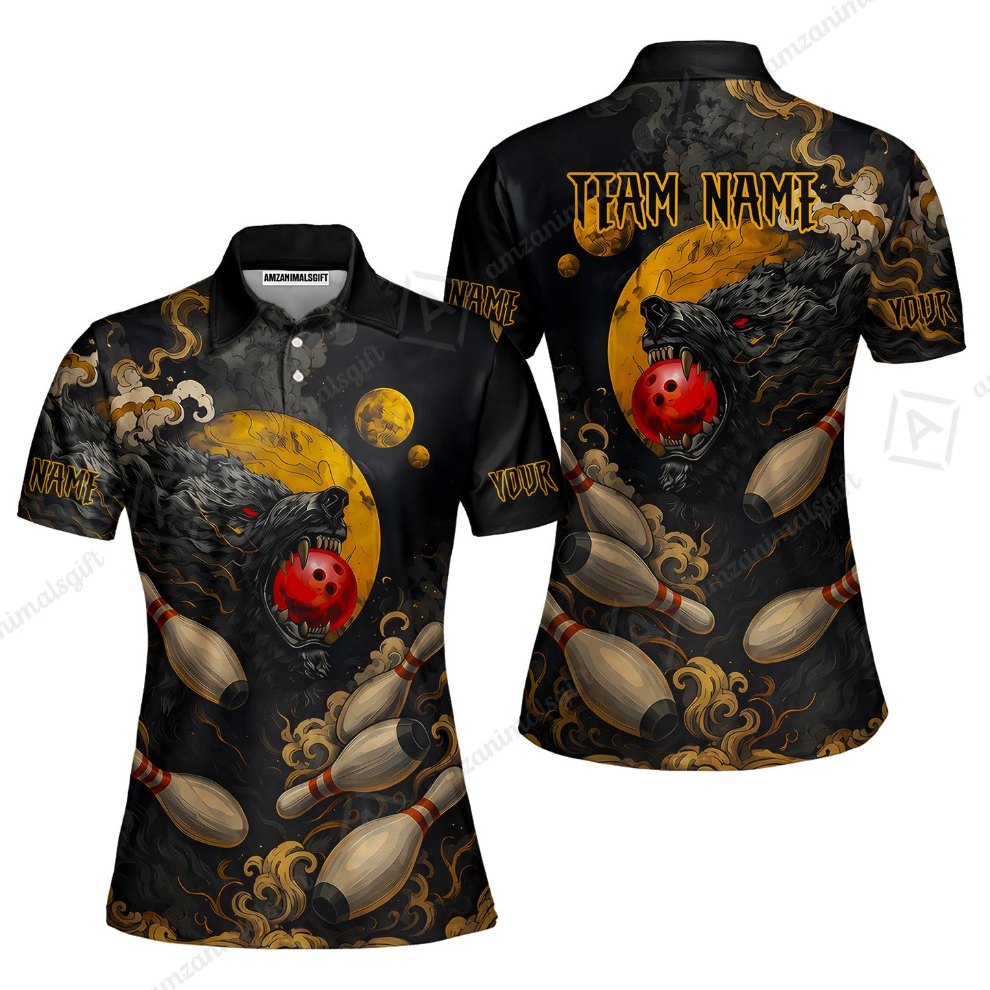 Custom Bowling Jersey Polo Shirt, Bowling And Pin Wolf Moon Smoke Japan Style, Personalize Name and Team Name