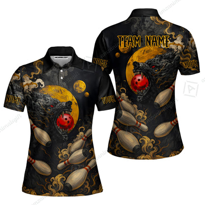 Custom Bowling Jersey Polo Shirt, Bowling And Pin Wolf Moon Smoke Japan Style, Personalize Name and Team Name