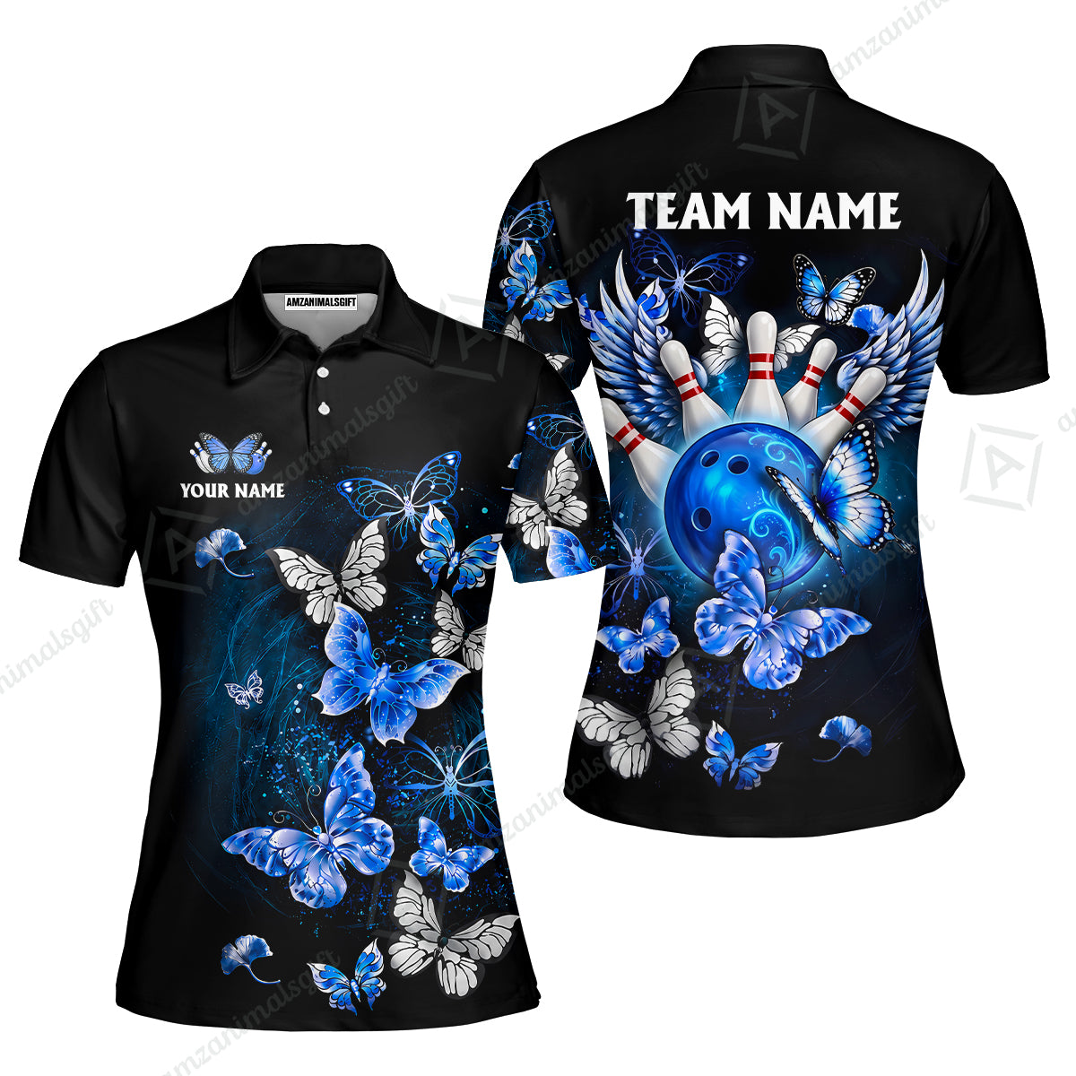 Custom Bowling Jersey Polo Shirt, Dreamy Nebula & Angelic Butterflies, Personalize Name and Team Name