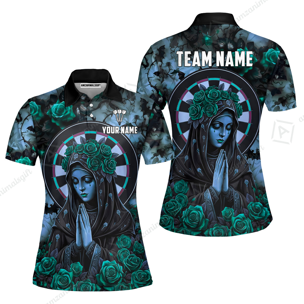 Custom Darts Jersey Polo Shirt, Gothic Madonna And Blue Rose, Custom Dart Jersey Team Shirt For Players With Name & Team Name