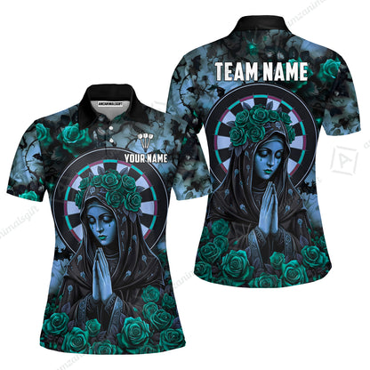 Custom Darts Jersey Polo Shirt, Gothic Madonna And Blue Rose, Custom Dart Jersey Team Shirt For Players With Name & Team Name