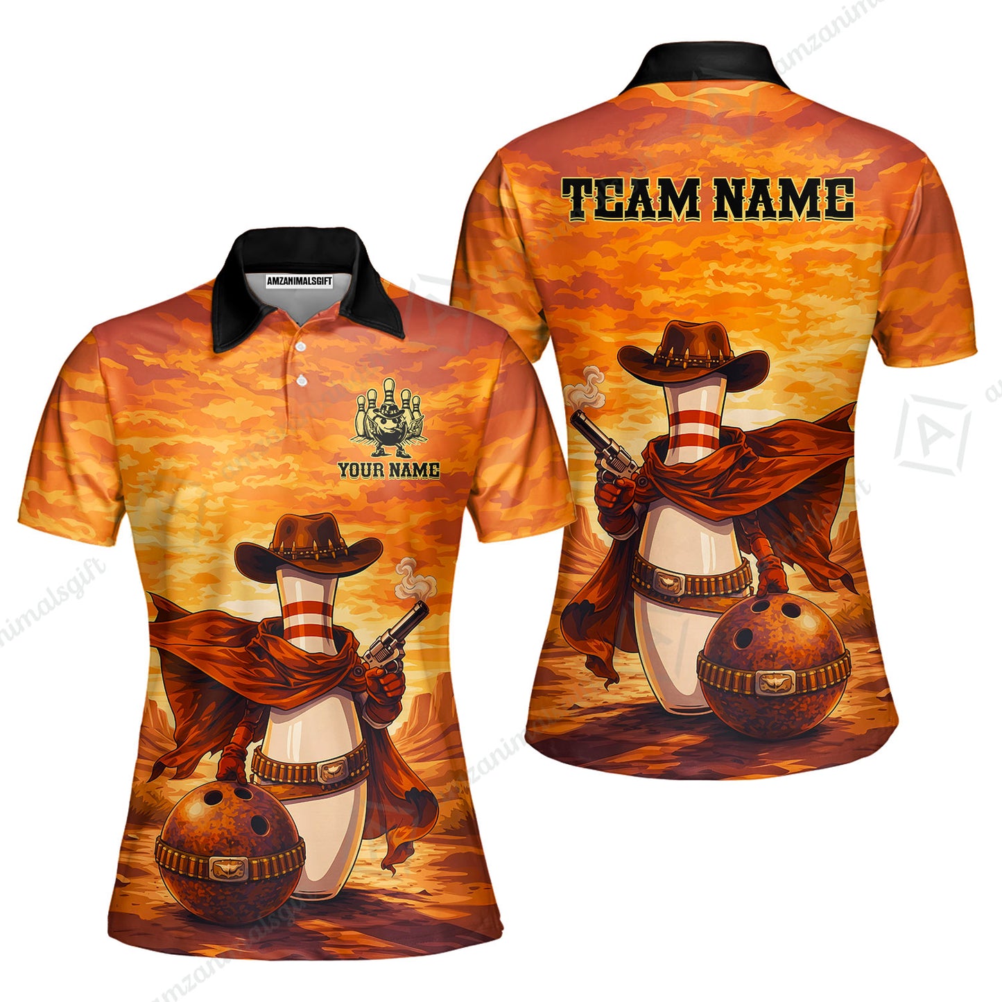 Custom Bowling Jersey Polo Shirt, Pin Cowboy Bowling Sunset, Custom Bowling Jersey Team Shirt For Players With Name and Team Name