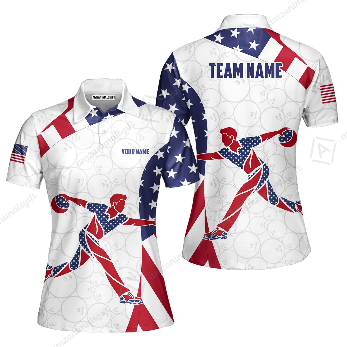 Custom Bowling Jersey Polo Shirt, Patriotic Bowler Silhouette Stars and Stripes, Custom Bowling Jersey Team Shirt For Players With Name and Team Name