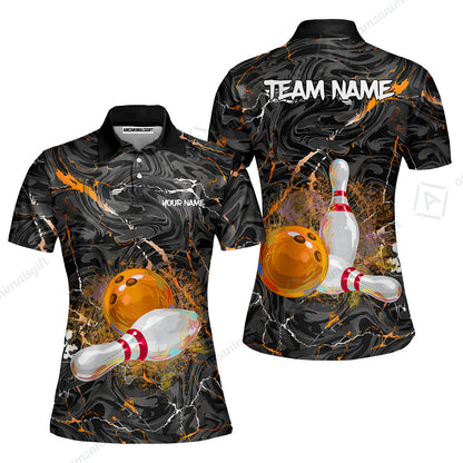 Customized Bowling Unisex Polo Shirt, Swirling Marbled Pattern Vibrant Veins, Bowling Uniforms, Personalized Name And Team Name