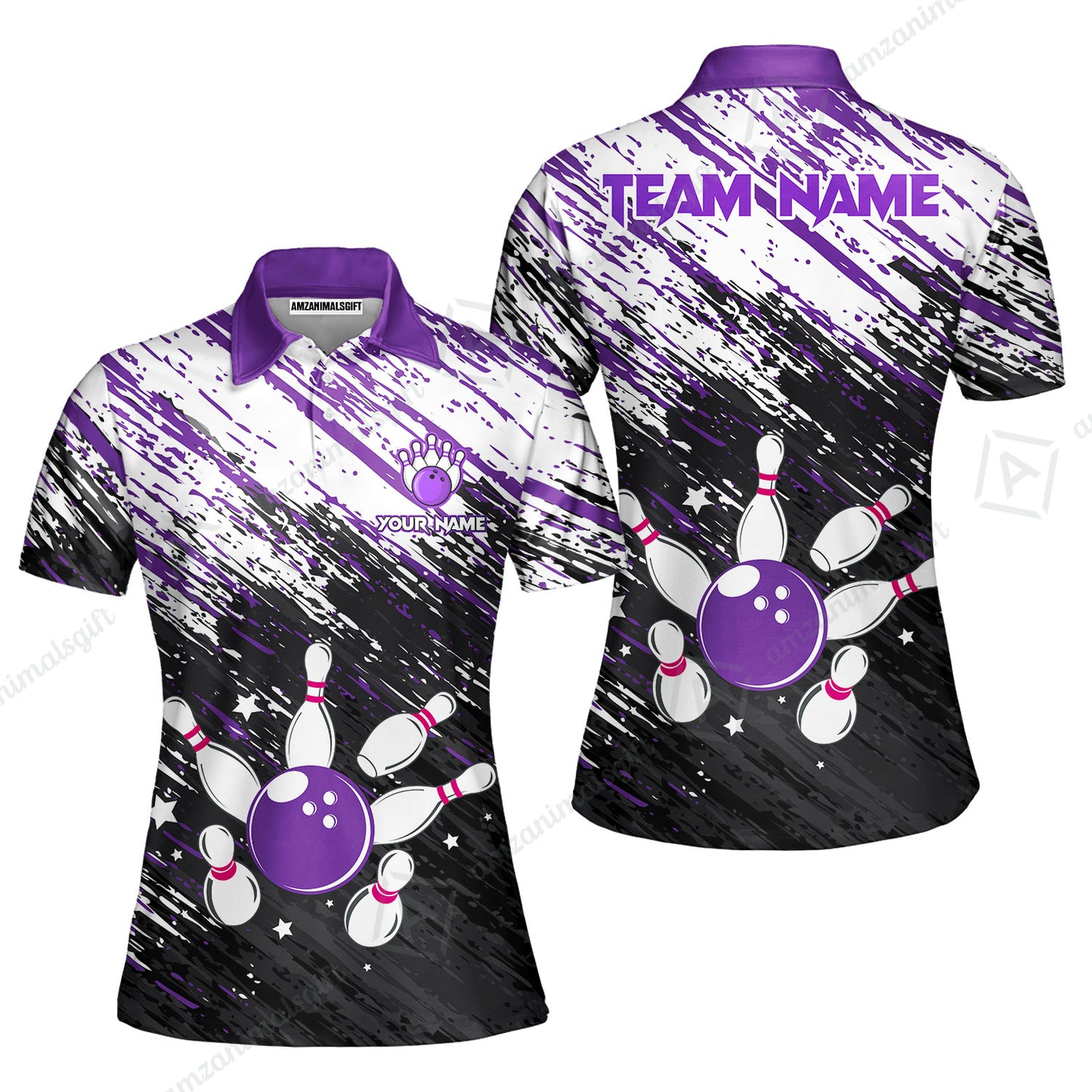 Customized Bowling Unisex Polo Shirt, Floral Pattern Black Purple Brush Wrap Abstract, Personalized Name Team Name