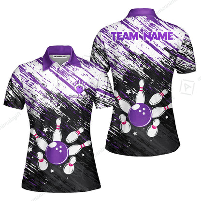 Customized Bowling Unisex Polo Shirt, Floral Pattern Black Purple Brush Wrap Abstract, Personalized Name Team Name