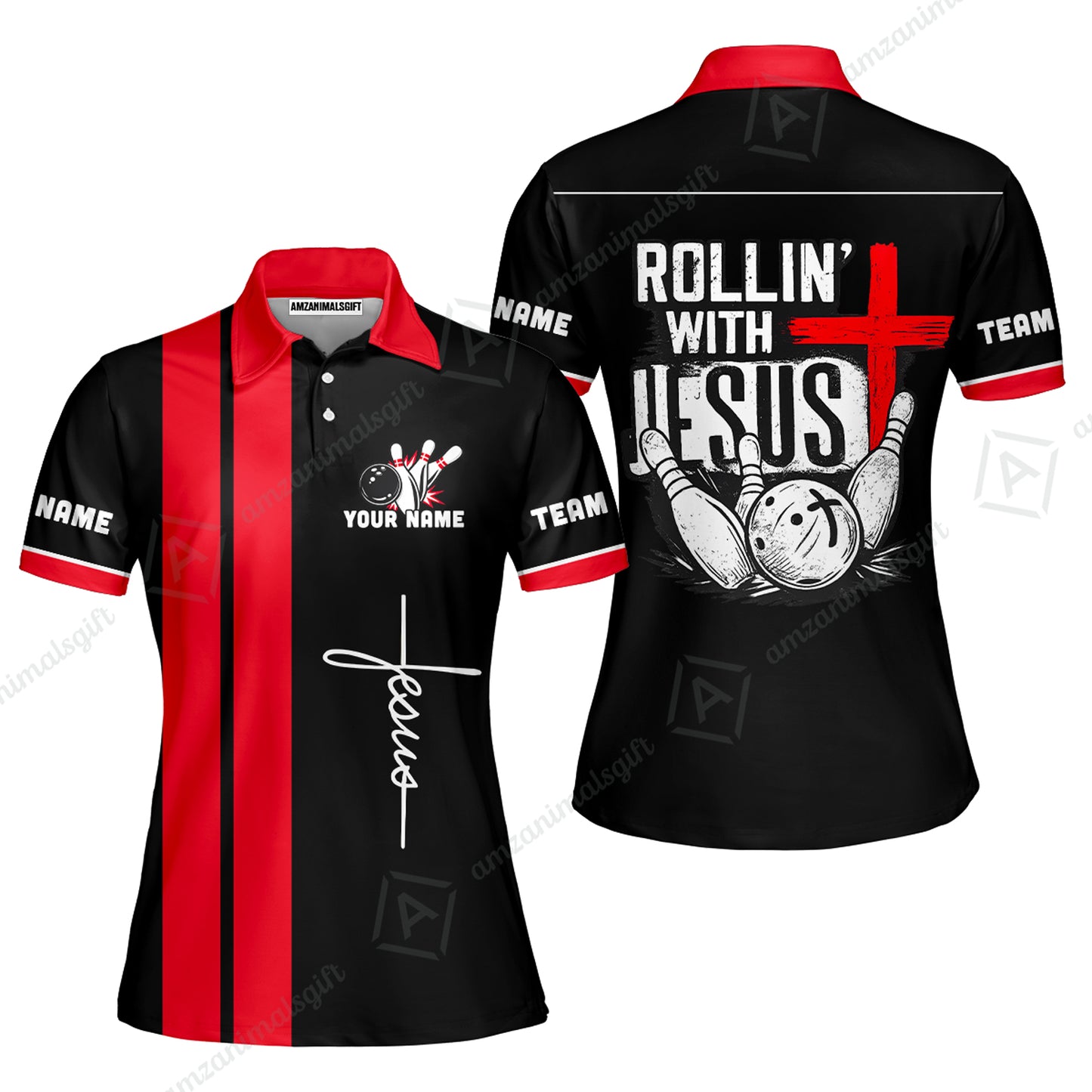 Custom Bowling Jersey Polo Shirt, Rollin With Jesus Bowling Custom Bowling Jersey Team Shirt For Players With Name & Team Name
