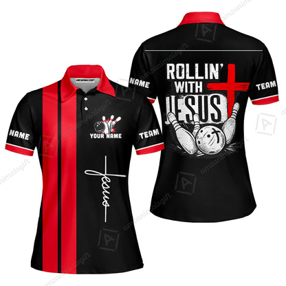 Custom Bowling Jersey Polo Shirt, Rollin With Jesus Bowling Custom Bowling Jersey Team Shirt For Players With Name & Team Name