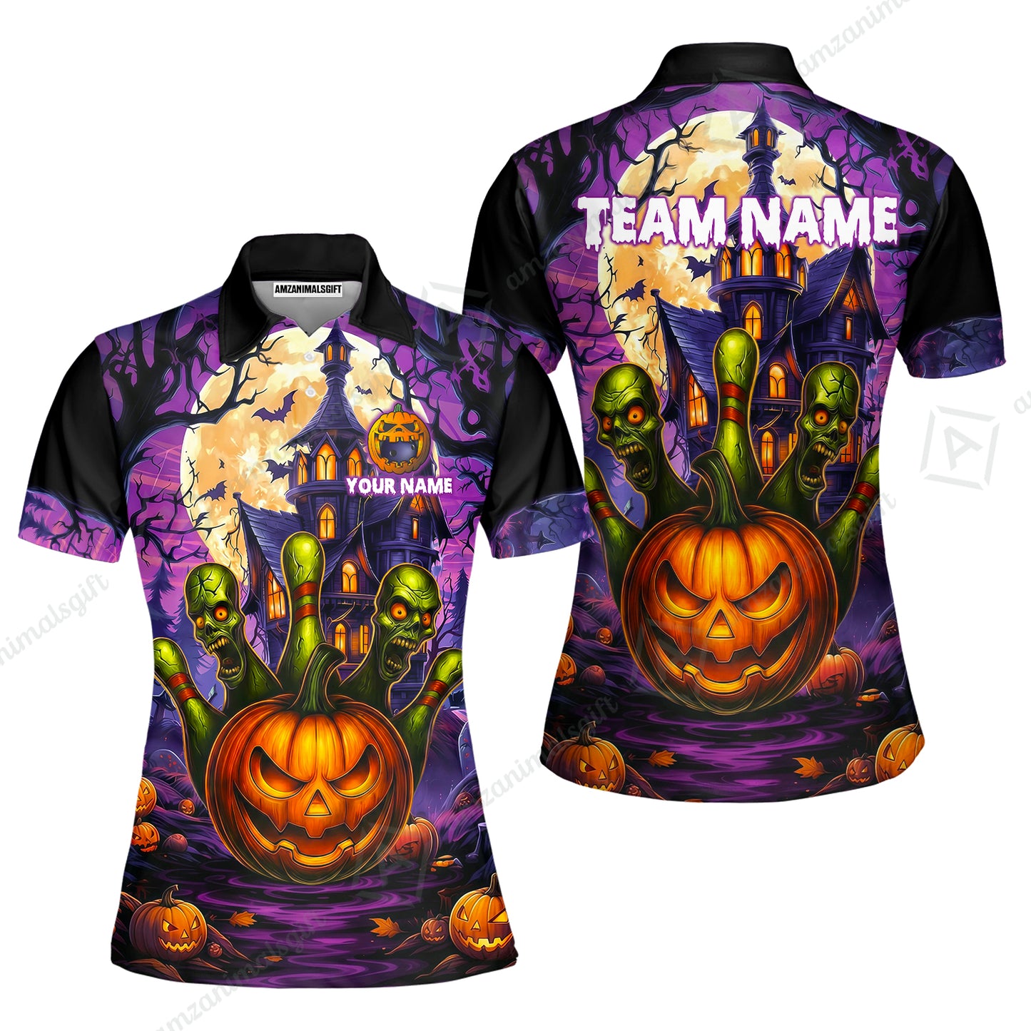 Custom Halloween Bowling Short Sleeve Men Polo Shirt, Halloween Pumpkin Zombie Pins Personalized Shirt with Name and Team Name, Custom Bowling Team Uniforms Jerseys