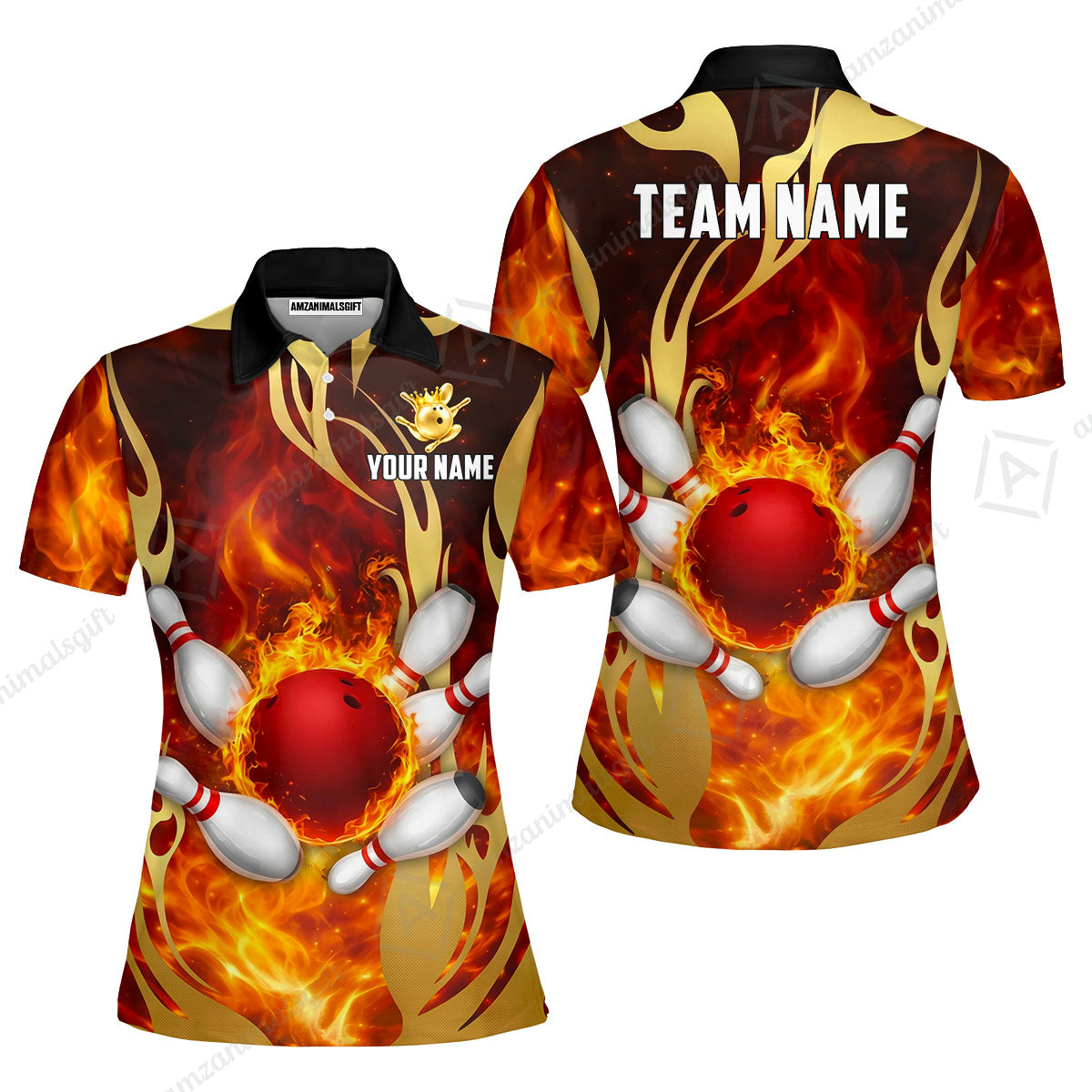Custom Bowling Jersey Polo Shirt, Abyssal Fire & Golden Flames, Custom Bowling Jersey Team Shirt For Players With Name & Team Name