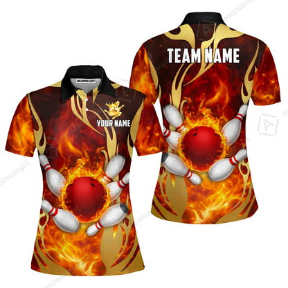 Custom Bowling Jersey Polo Shirt, Abyssal Fire & Golden Flames, Custom Bowling Jersey Team Shirt For Players With Name & Team Name