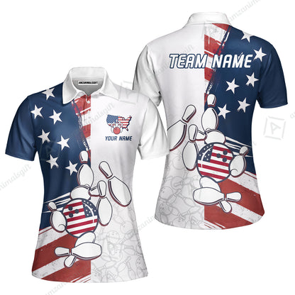 Custom Bowling Jersey Polo Shirt, USA Flag Bowling Ball Custom Bowling Jersey Team Shirt For Players With Name & Team Name