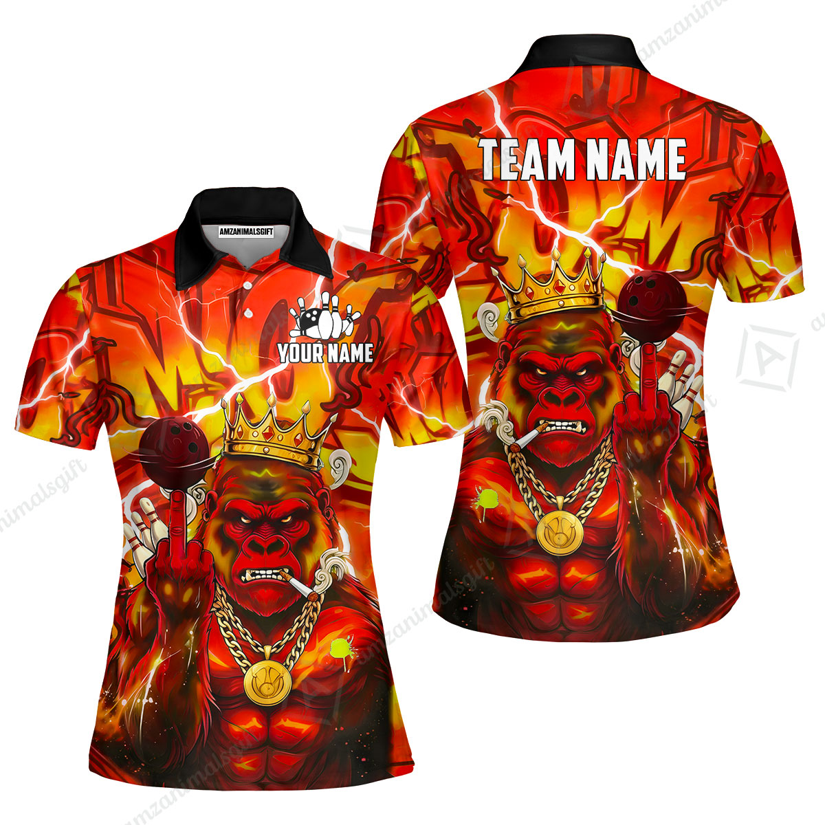 Custom Bowling Jersey Polo Shirt, Rebellious Gorilla King & Street Graffiti, Custom Bowling Jersey Team Shirt For Players With Name & Team Name