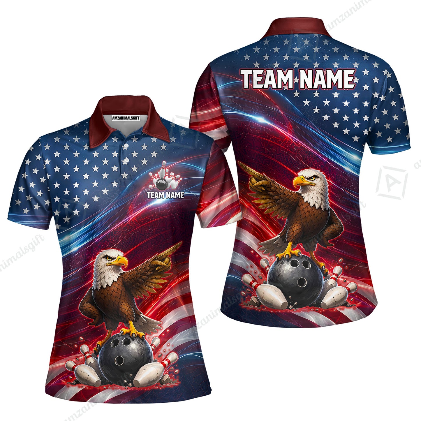 Custom Bowling Jersey Polo Shirt, Eagle Bowling Flag America Thunder Wave, Custom Bowling Jersey Team Shirt For Players With Name and Team Name