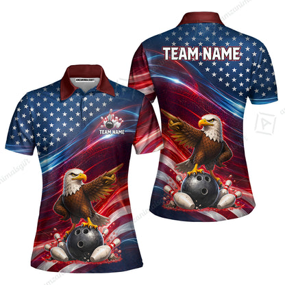 Custom Bowling Jersey Polo Shirt, Eagle Bowling Flag America Thunder Wave, Custom Bowling Jersey Team Shirt For Players With Name and Team Name