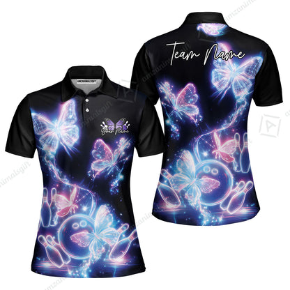 Custom Bowling Jersey Polo Shirt, Neon Electric Radiant Butterfly Glow, Custom Bowling Jersey Team Shirt For Players With Name & Team Name