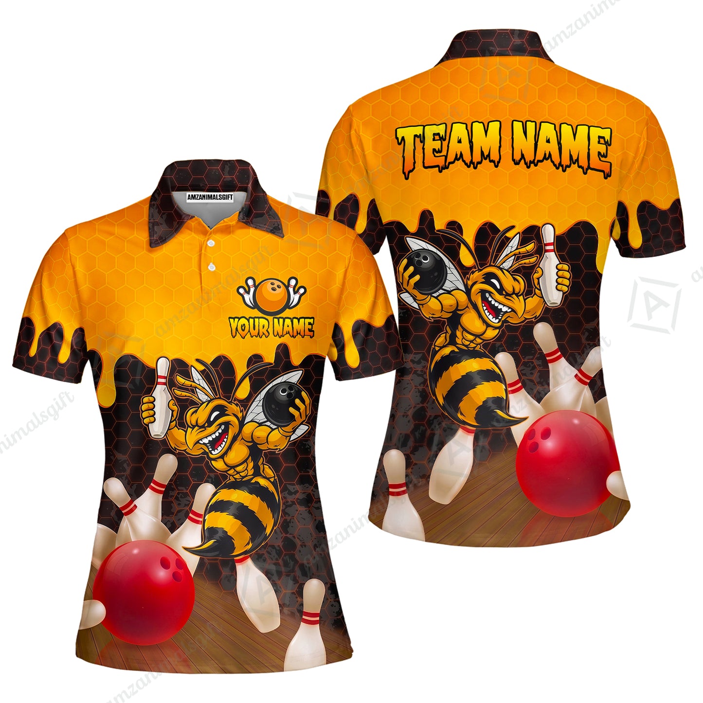 Custom Bowling Jersey Polo Shirt, Aggressive Hornet Honeycomb Drip, Custom Bowling Jersey Team Shirt For Players With Name and Team Name