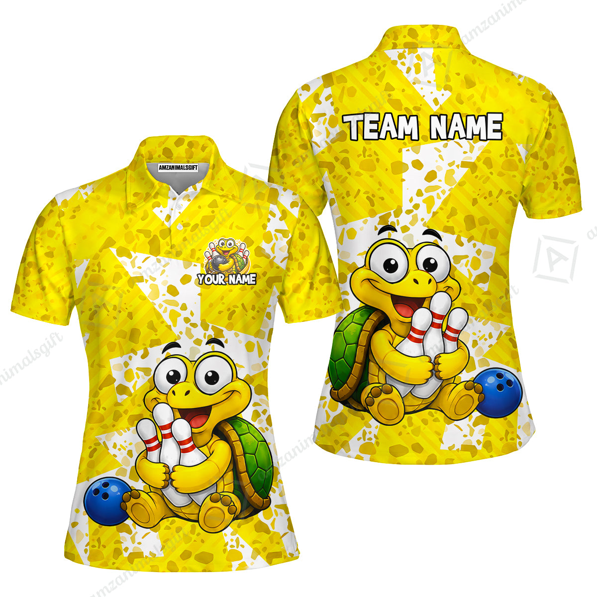 Custom Bowling Jersey Polo Shirt, Cute Turtle Holding Pins, Personalized Name And Team Name