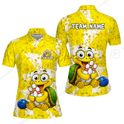 Custom Bowling Jersey Polo Shirt, Cute Turtle Holding Pins, Personalized Name And Team Name
