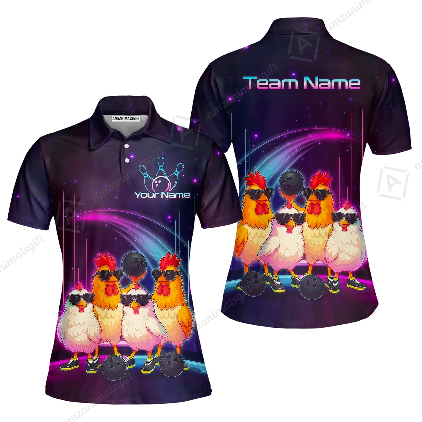 Custom Bowling Jersey Polo Shirt, Funny Cool Chickens Neon Cosmic, Custom Bowling Jersey Team Shirt For Players With Name & Team Name