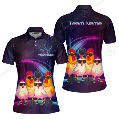 Custom Bowling Jersey Polo Shirt, Funny Cool Chickens Neon Cosmic, Custom Bowling Jersey Team Shirt For Players With Name & Team Name