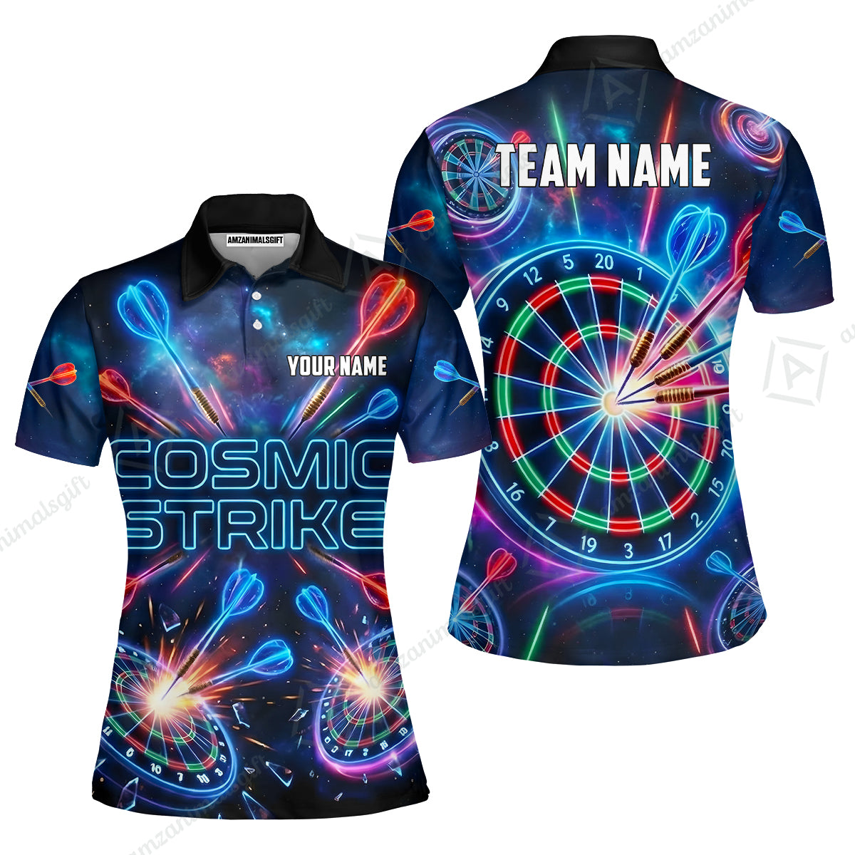 Custom Darts Team Jersey, Personalized Neon Galaxy Strike Darts Polo Shirt For Players With Name & Team Name