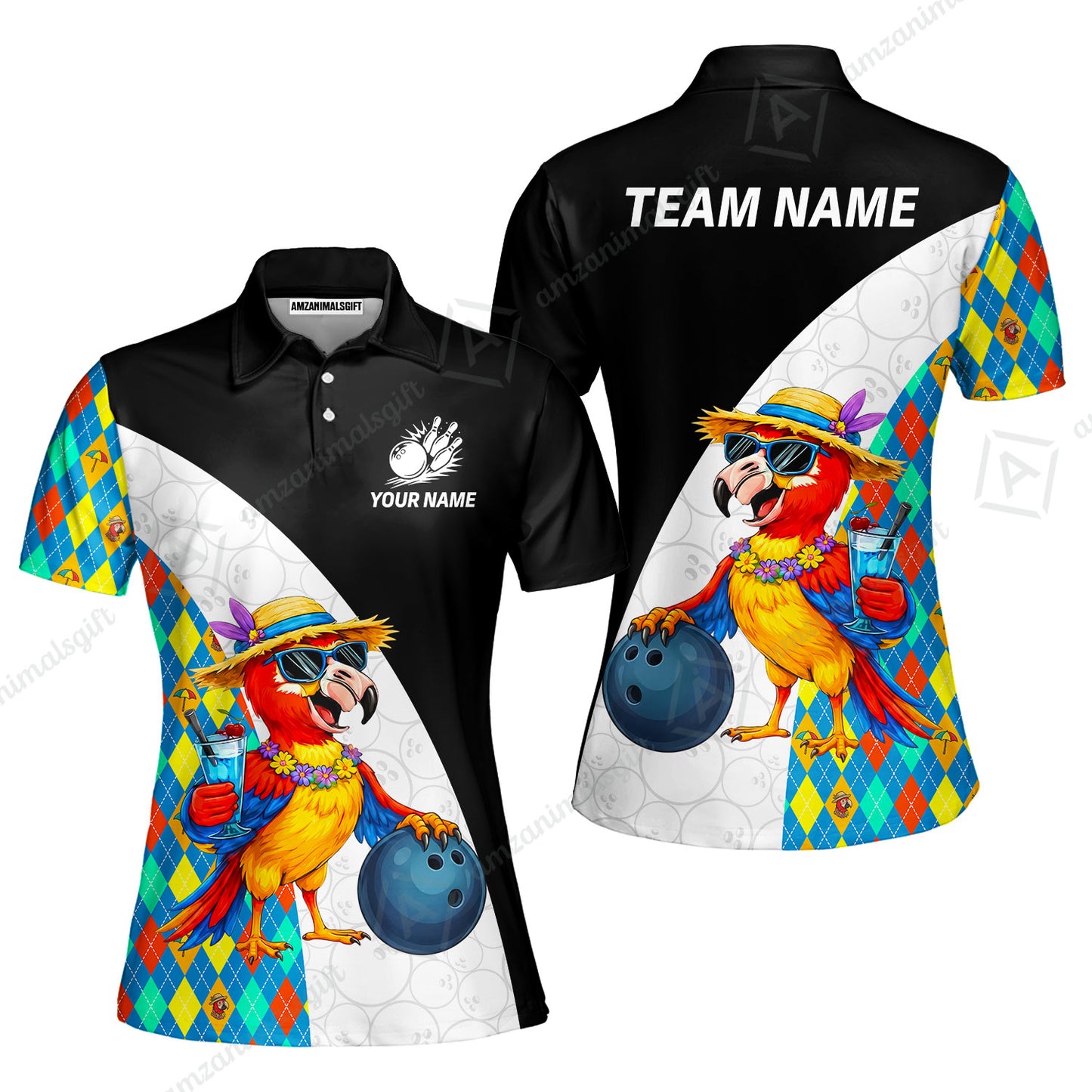 Custom Bowling Jersey Polo Shirt, Tropical Parrot Beach Party, Custom Bowling Jersey Team Shirt For Players With Name and Team Name